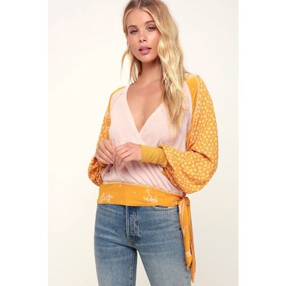 Free People Auxton Floral Thermal Wrap Top in Light Pink and Mustard Size Medium - Picture 1 of 8